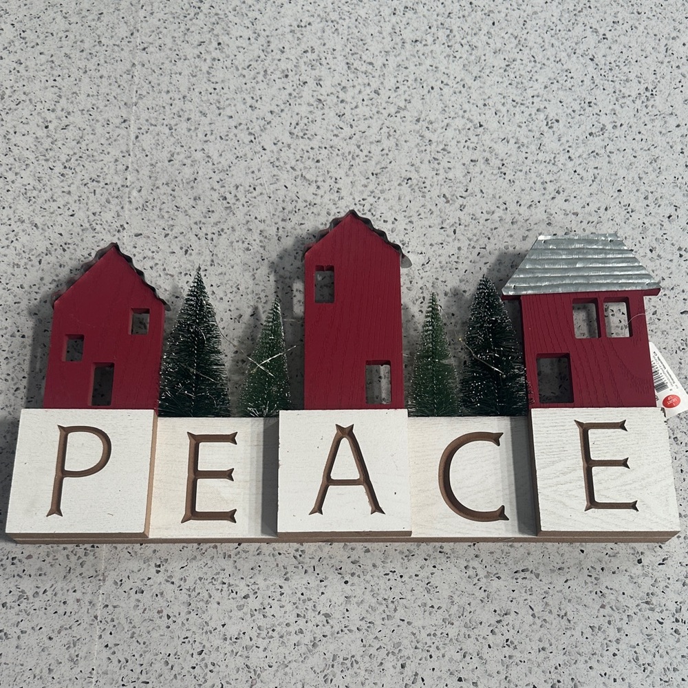 Festive Peace Sign with Red Houses and Green Trees - Light Up Village Decor